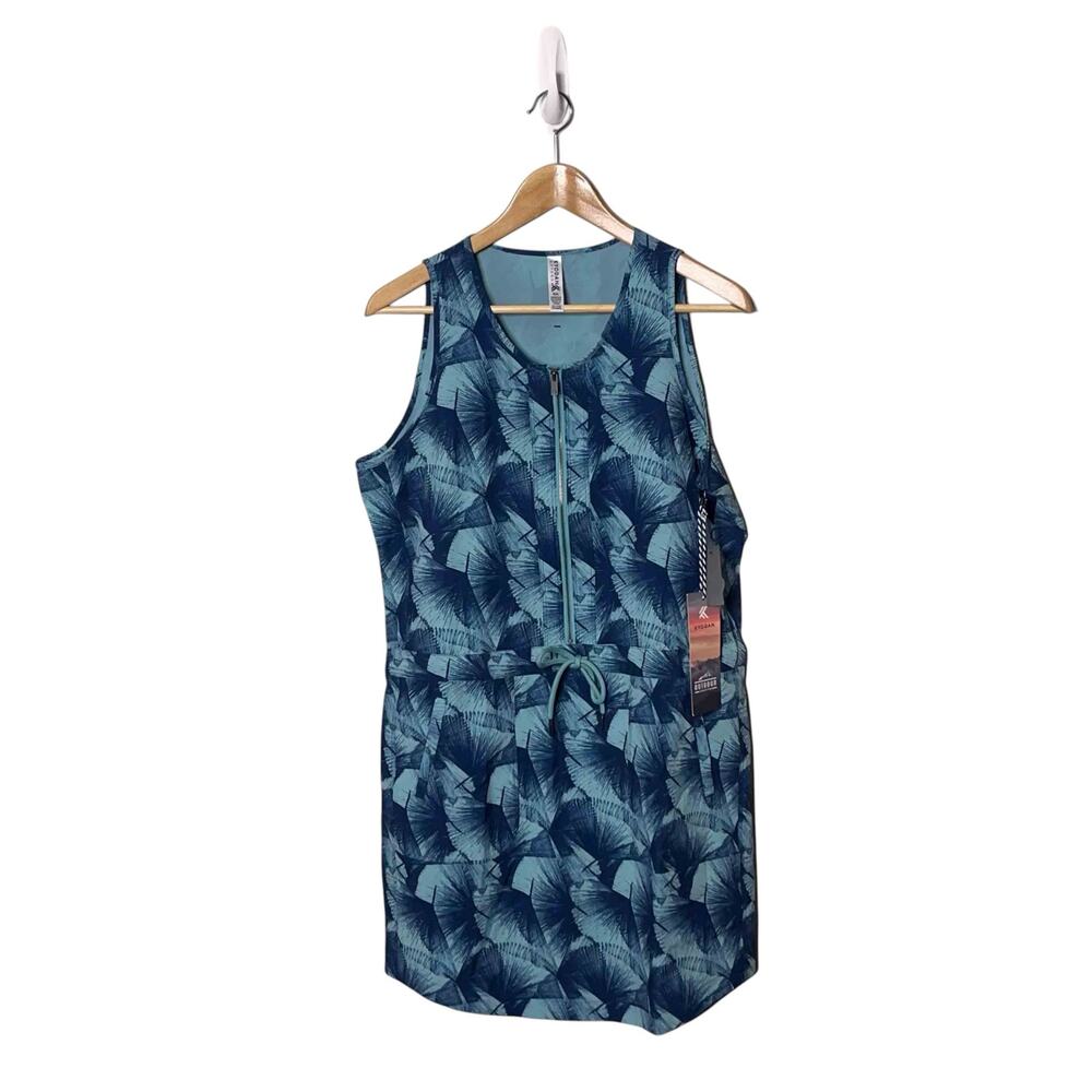 Kyodan Outdoor Activewear Palm Print Zip Front Dress L Blue Stretch Athleisure